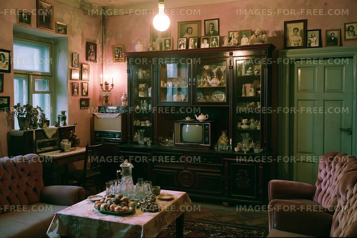 Vintage living room with antique furniture and nostalgic decor
