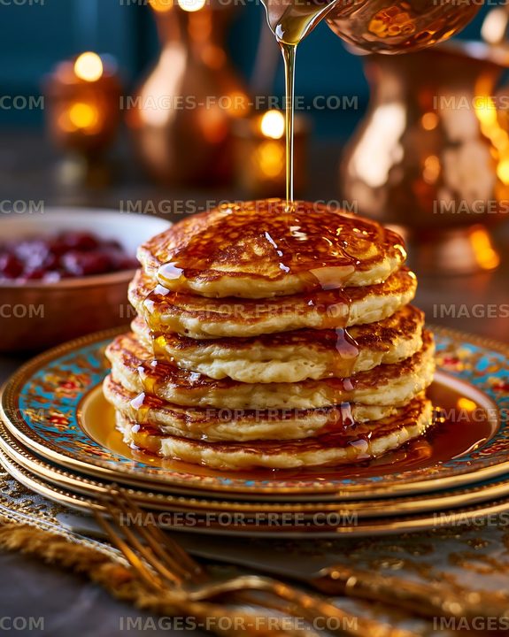 Stack of pancakes with syrup on a decorative plate