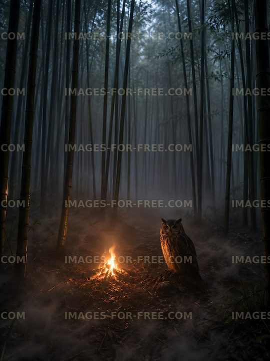 Owl sitting beside fire in a bamboo forest at night