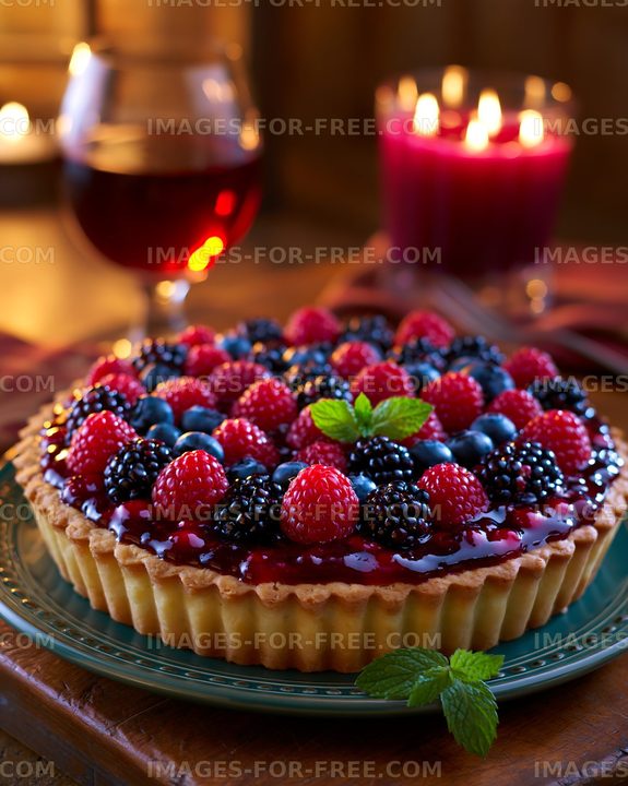 Dessert with fresh berries on a table with wine and candles