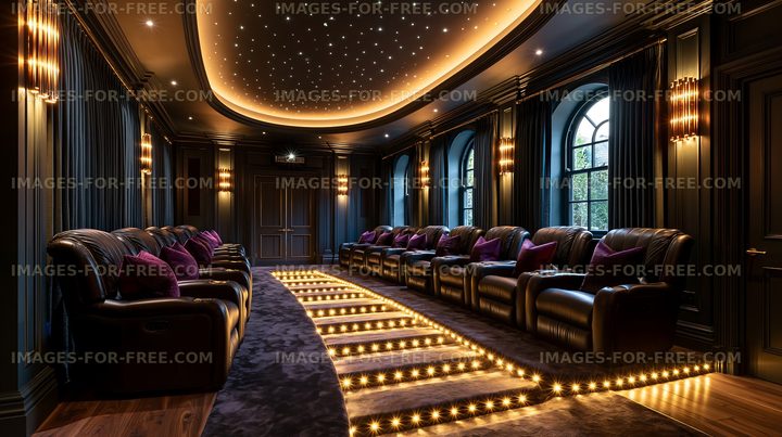 Luxury home theater with comfortable seating and starry ceiling