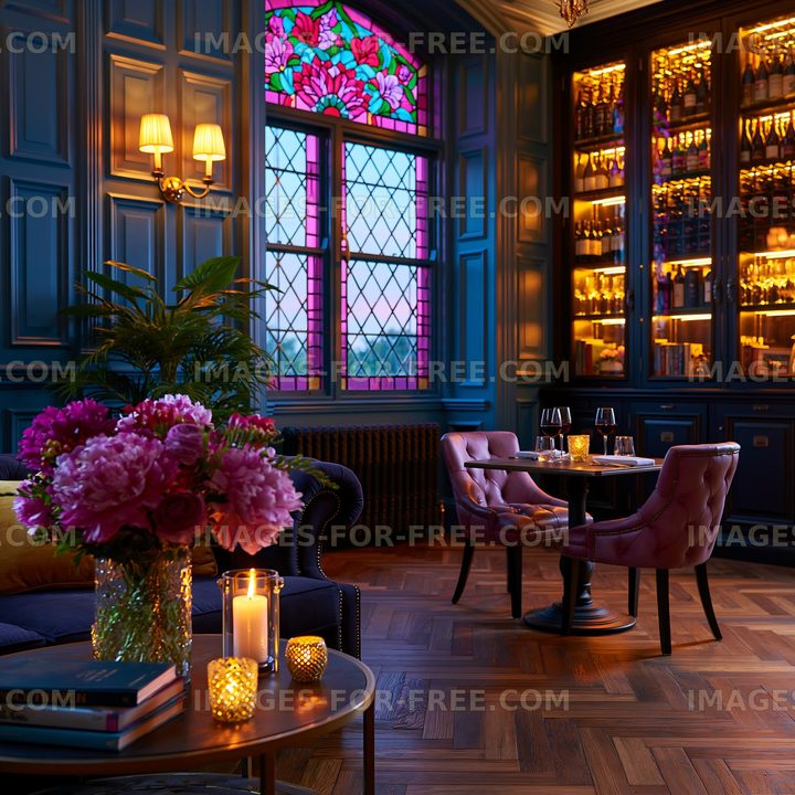 Cozy interior of a lounge with flowers and a view