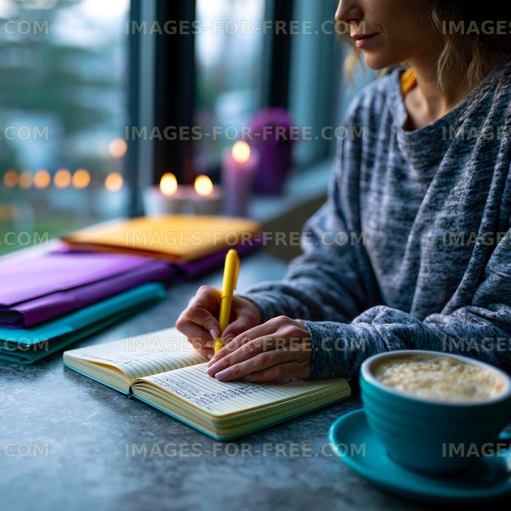 Writing in a notebook while enjoying coffee near a window