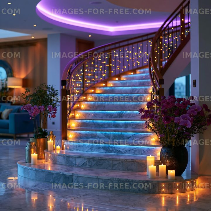 Elegant staircase with candles and purple lights at night