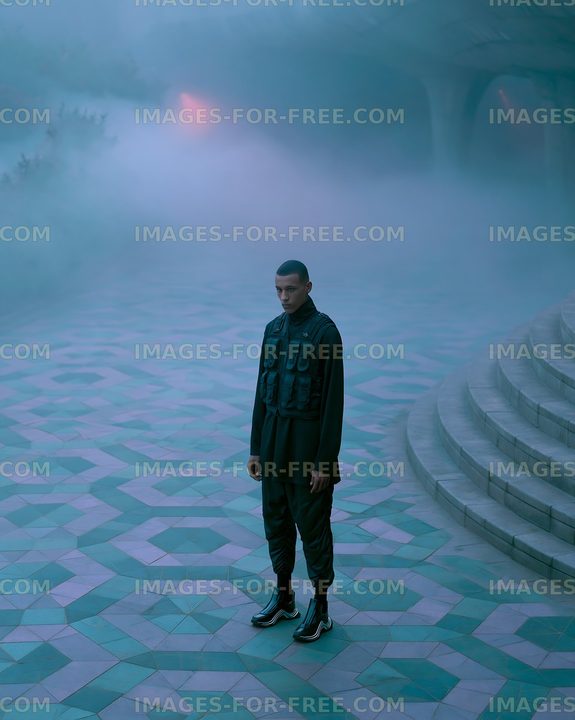 Model stands in foggy setting with patterned floor and stairs