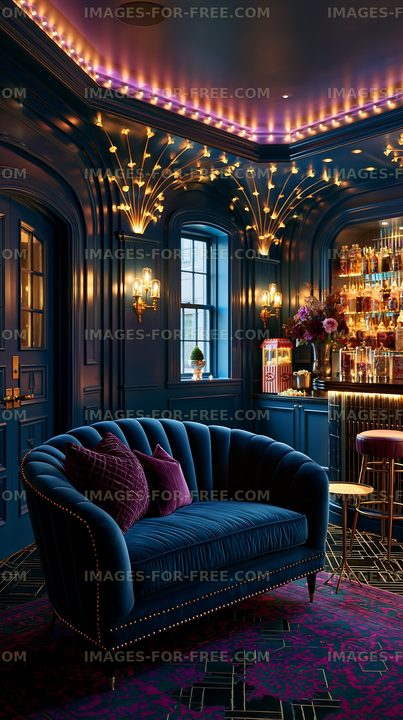 Elegant lounge interior with blue sofa and stylish bar