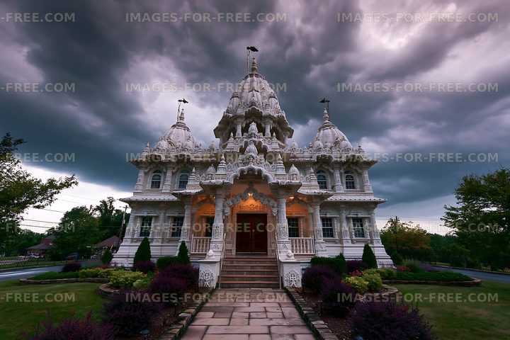 Intricate temple structure under dark clouds