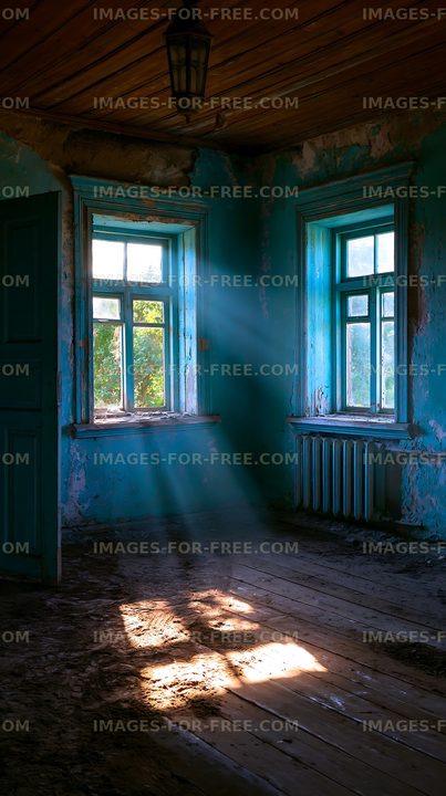 Light shines through windows in an old, abandoned room