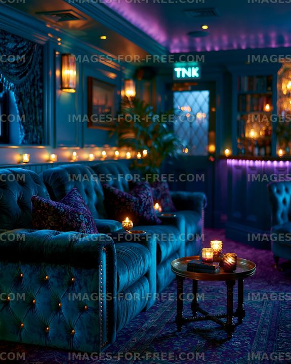 Cozy lounge area with candles in a dimly lit setting
