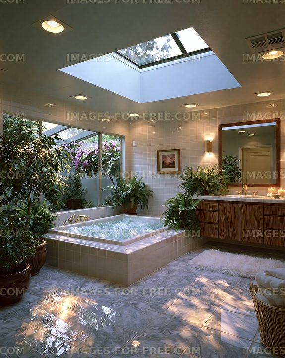 Modern bathroom with a bathtub and plants