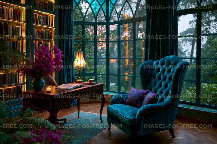 Cozy reading corner in a library with large windows