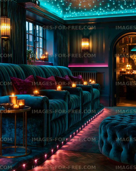 Cozy living room with teal sofas and warm candlelight