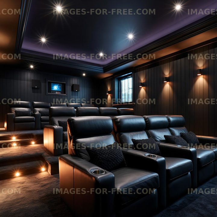 Home theater room with leather seating and dim lighting