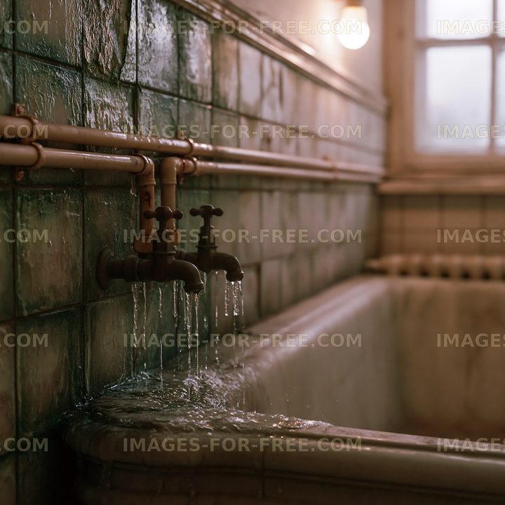 Old bathroom with running taps and tiled walls