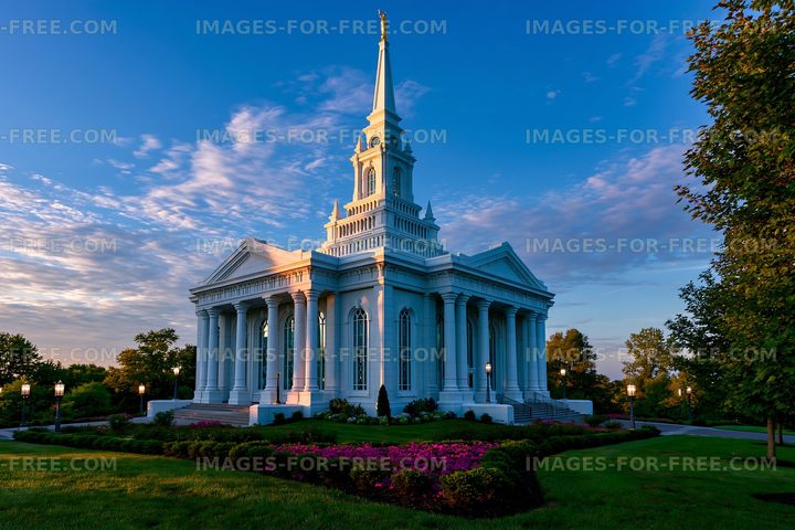 Historic building with tall spire and surrounding gardens at sunset