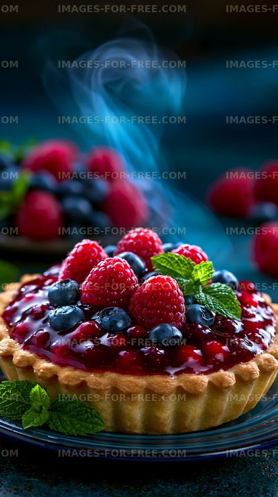 Fresh fruit tart with raspberries and blueberries on a table