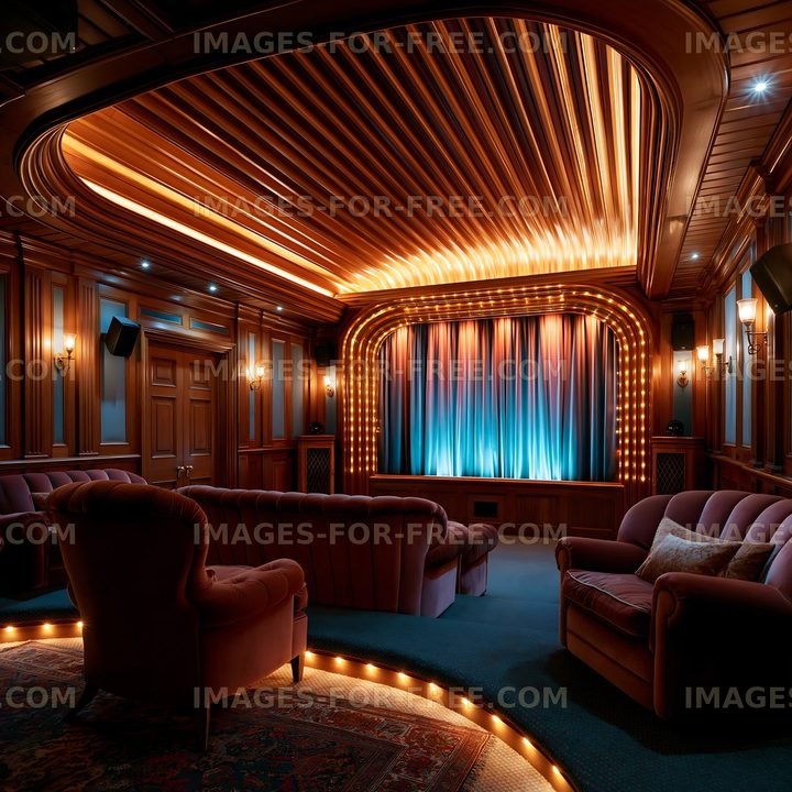 Cozy home theater with plush seating and warm lighting