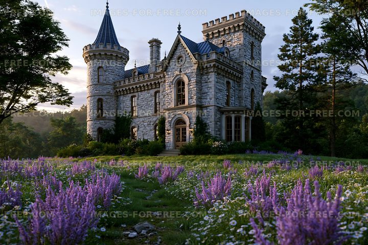 Old stone castle with turrets surrounded by flowers in a field