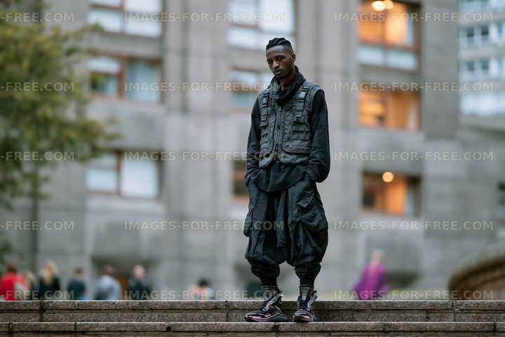 Man in urban clothing standing on steps in a city