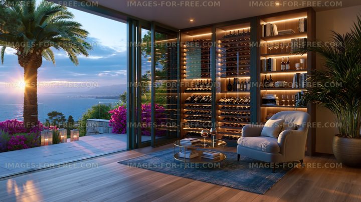 Cozy interior with wine rack and view of the sunset