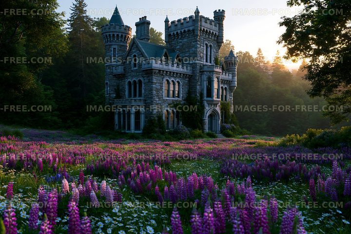 Old stone castle surrounded by purple flowers at sunrise