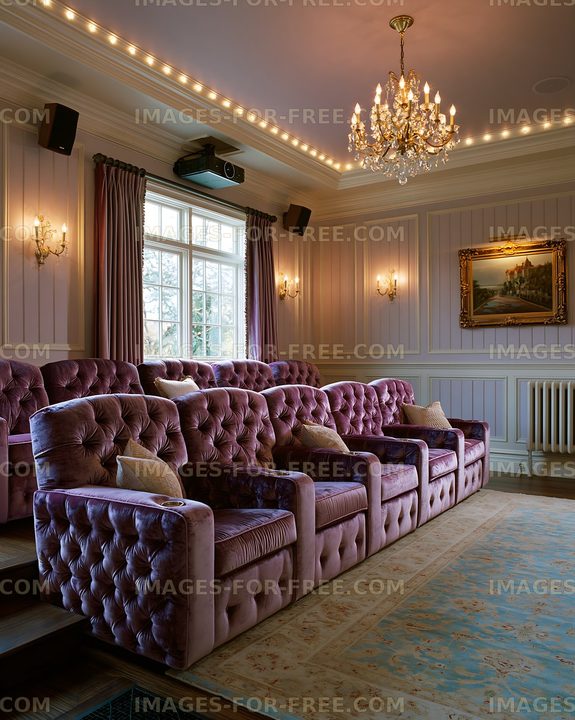 Cozy home theater with plush seating and decorative lighting