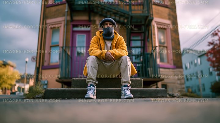 Man sitting on steps in front of building on a cloudy day