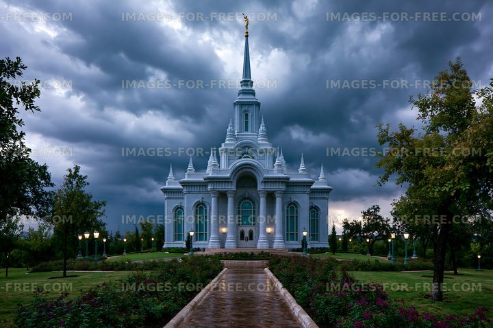 White church building stands under dark stormy sky