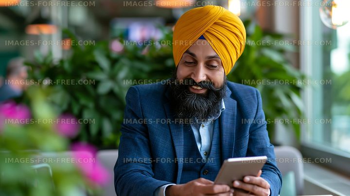 Businessman in suit using smartphone in modern cafe