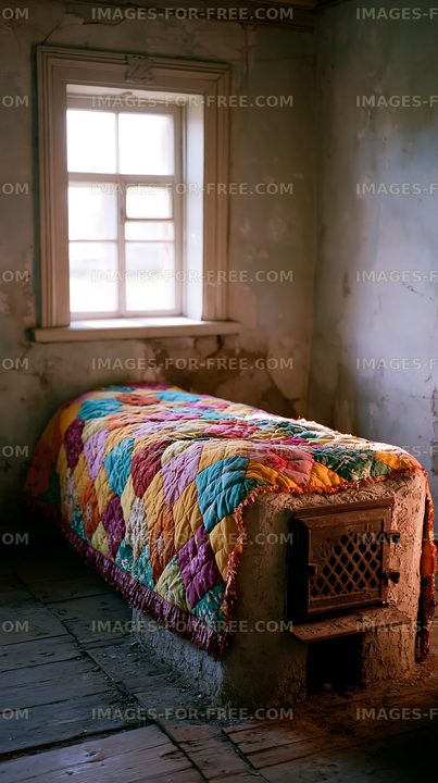Colorful quilt on a bed by a window in an old room