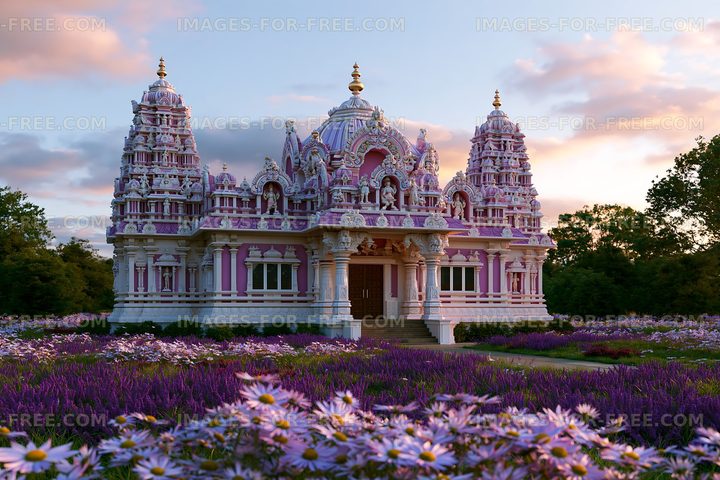 Colorful temple surrounded by flowers at sunset