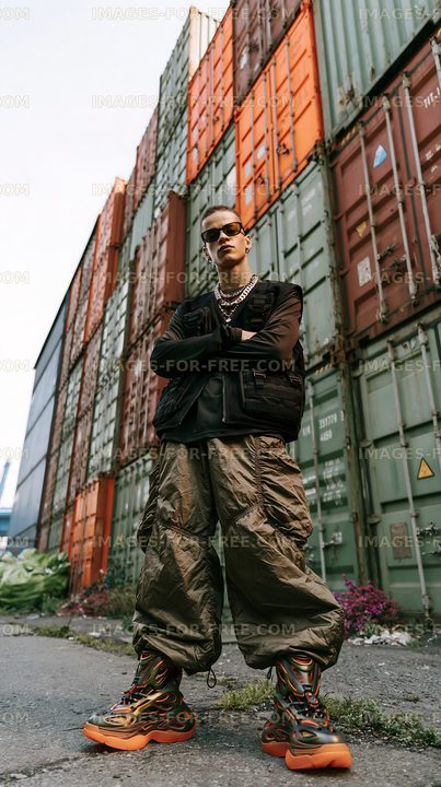 Young person standing confidently in front of shipping containers