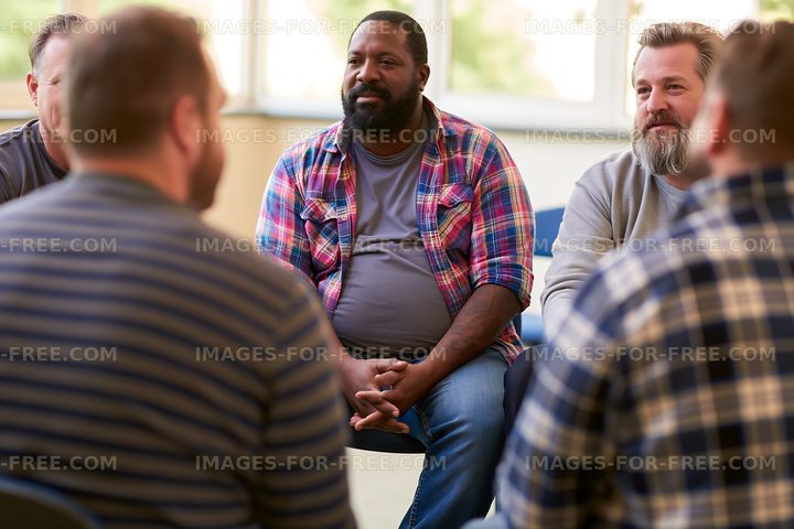 Group of men engaged in conversation in a meeting room