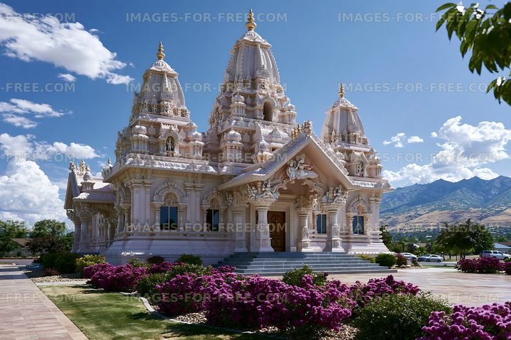 Hindu temple with intricate architecture and bright flowers in garden