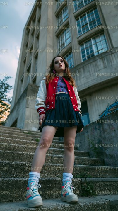 Young woman in vintage outfit poses on outdoor steps in urban setting