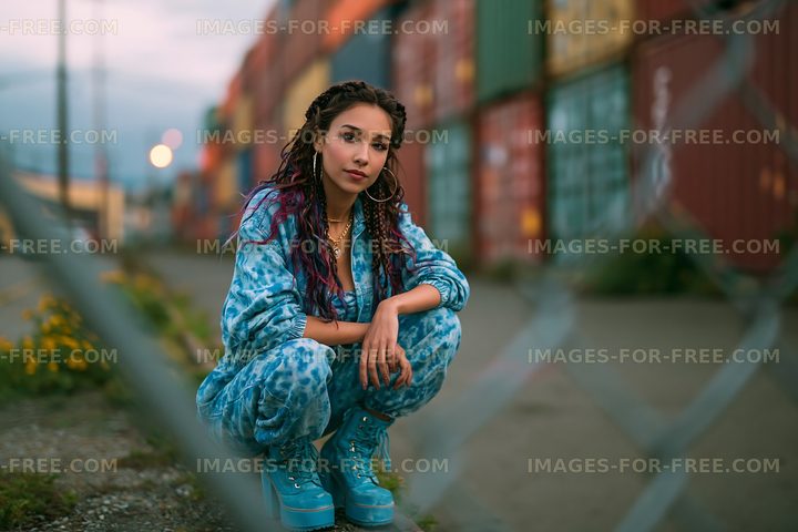 Young adult in blue outfit poses near shipping containers