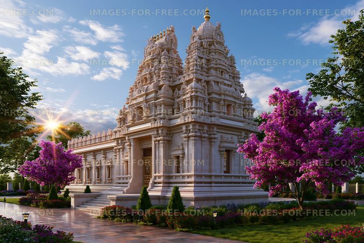 Temple surrounded by trees and flowers in daylight