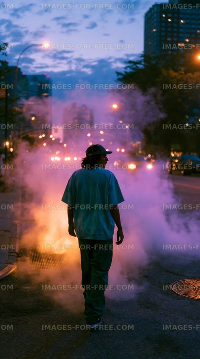 Man walking on city street with smoke at dusk