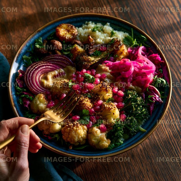 Plated meal with roasted vegetables and colorful garnishes