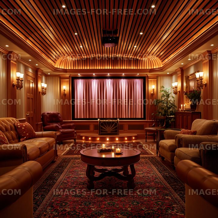 Home theater room with cozy seating and warm lighting