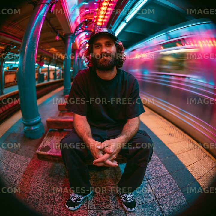 Man sitting on subway steps with blurred train motion