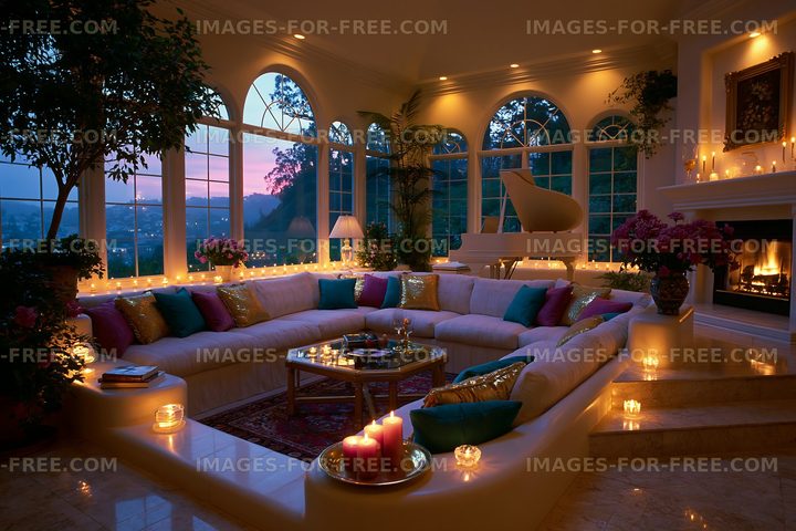 Cozy living room with candles and piano during sunset