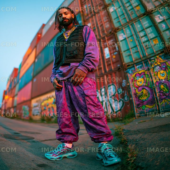 Urban fashion scene with a man in colorful outfit near graffiti wall