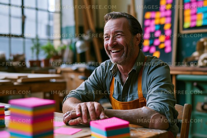 Smiling man at a workshop with colorful sticky notes