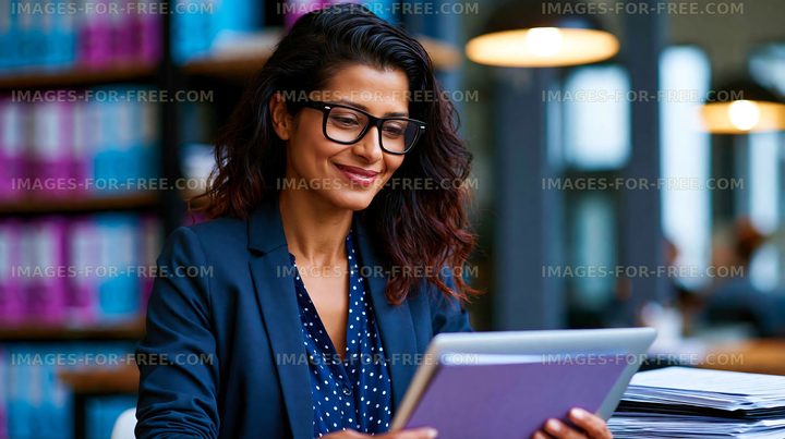 Woman using tablet in modern library setting