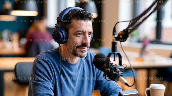 Man wearing headphones speaking into a microphone in a workspace