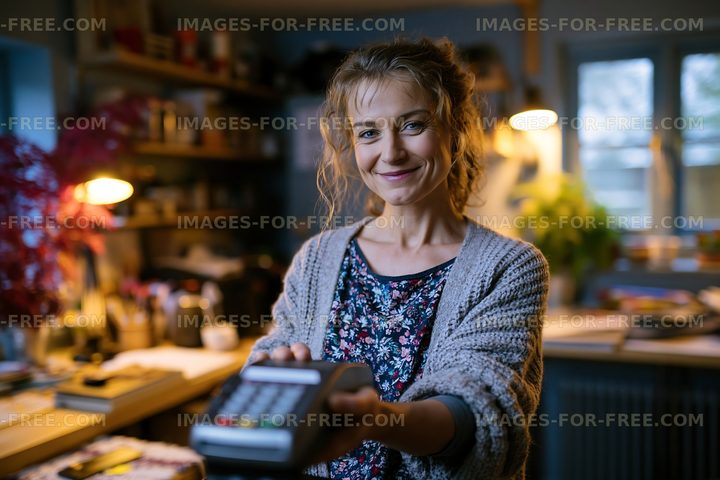 Woman in a cozy room using a payment terminal