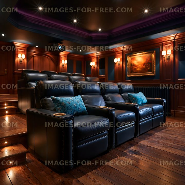 Home theater with leather seating and wooden decor
