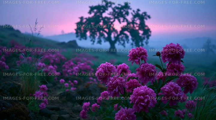 Morning light on pink flowers with tree in the background
