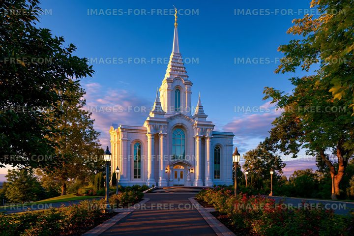 Church building with tall spire and bright exterior at sunset